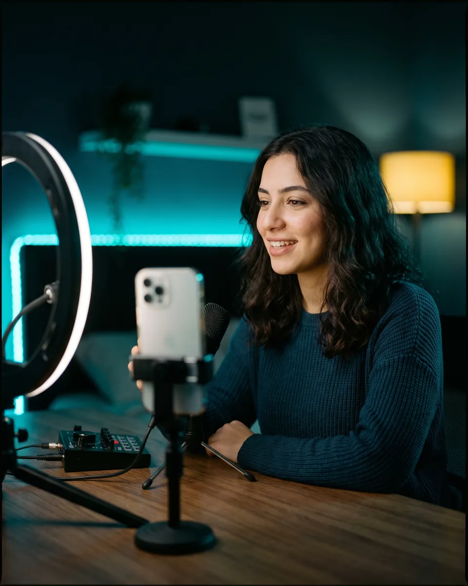 A Niki Live host streaming with a ring light